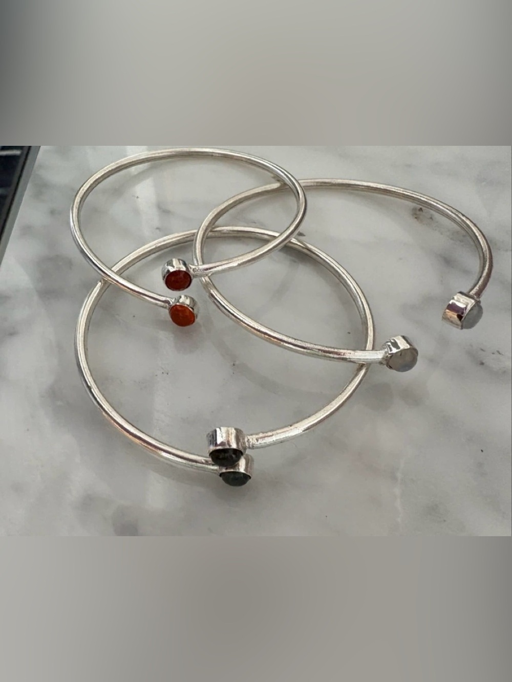 Sterling Silver Open Bangle Bracelet with Colored Gem Accents
